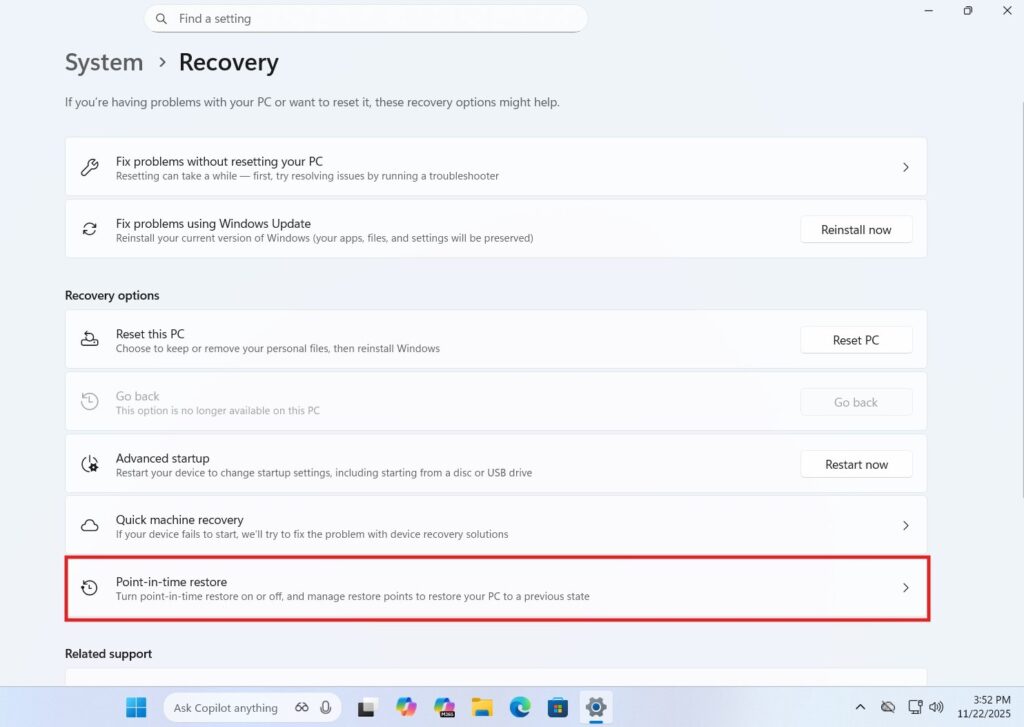 Point-in-time-restore-in-Recovery-settings